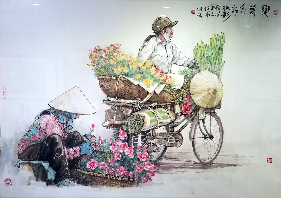 Bức tranh Chợ bông Hà Nội